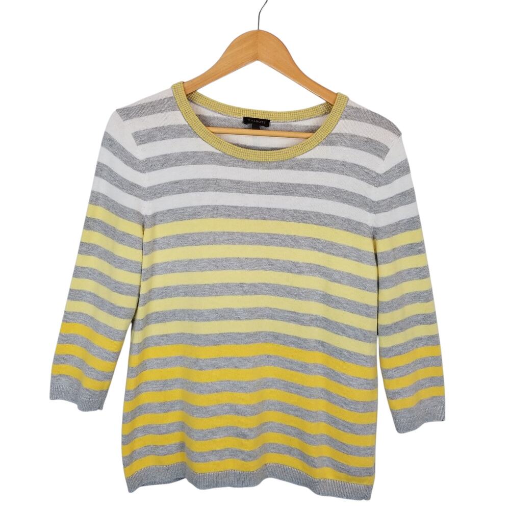 Talbots Women's Yellow Gray 3/4 Sleeve Striped Lightweight Sweater Size Medium